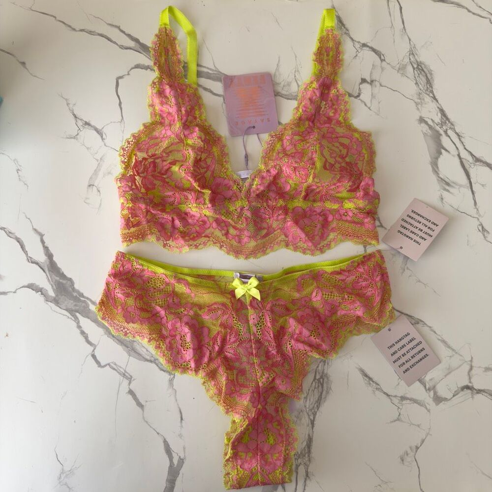 Savage x Fenty Lace Yellow and Pink bralette and panty set size Small - Picture 1 of 3